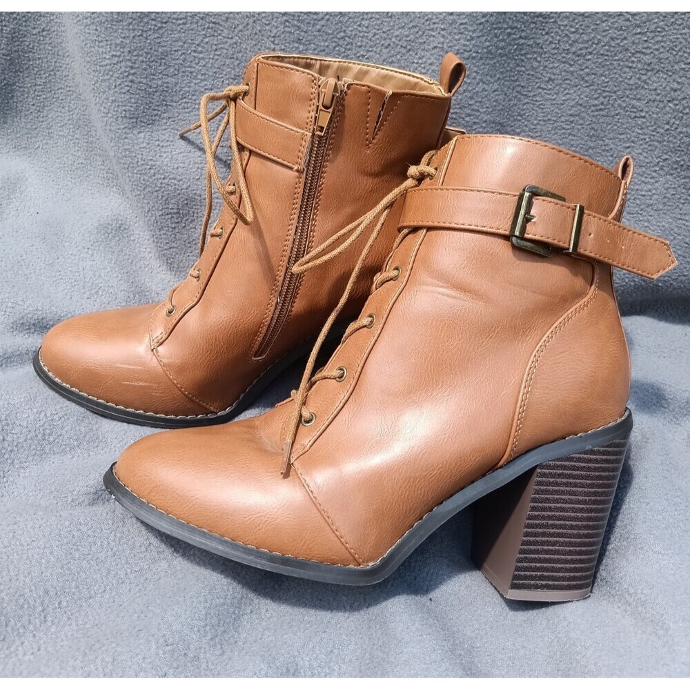 Shoedazzle Dilly Boots Women’s 8.5 Brown Lace‑Up Side Zip Heeled Ankle Boot